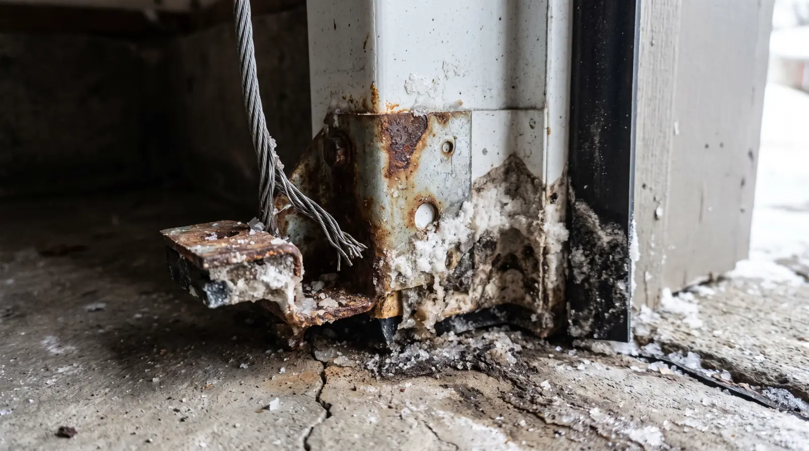 Rusted bottom bracket and lift cable at the lower corner of a garage door