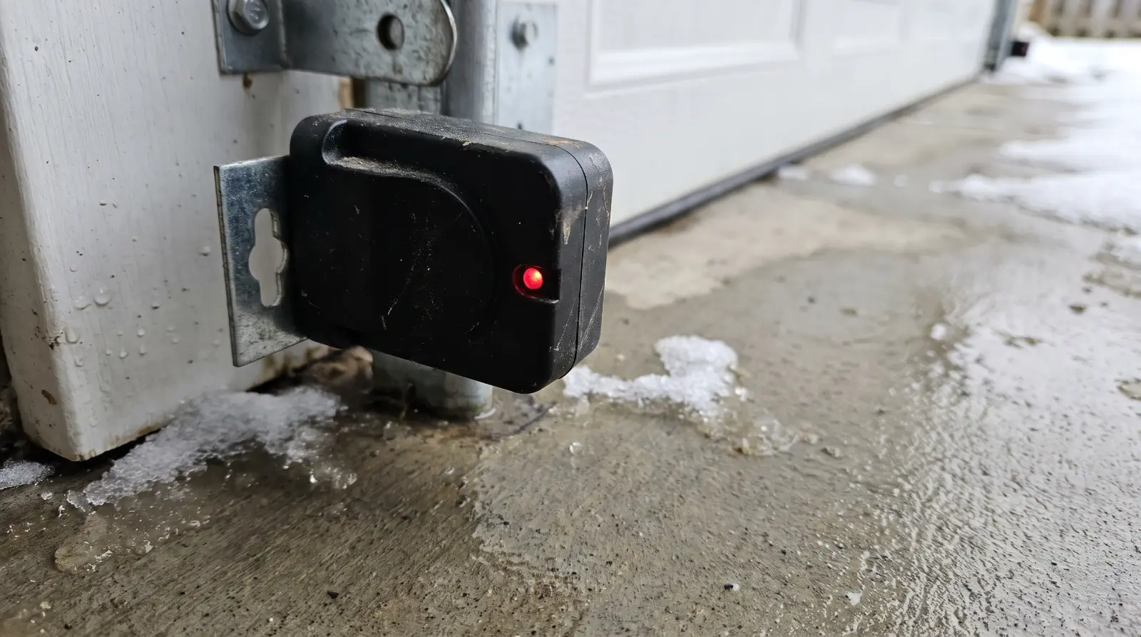 Garage door safety sensor mounted low on the track beside a sloped concrete floor